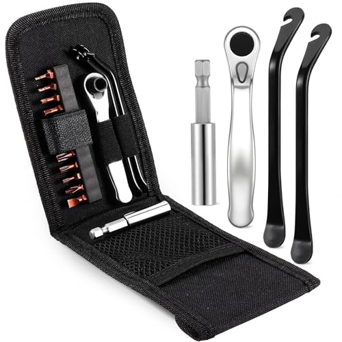 1/10.2 cm Ratschenschlüssel Set, Fahrrad Werkzeug Set Reparatur Kit, 72 Zähne Mini Ratsche Mini Ratsche mit 12 Bits, Reifenheber, Magnetische Bitverlängerung, Fahrrad Werkzeug Set für Reisen und