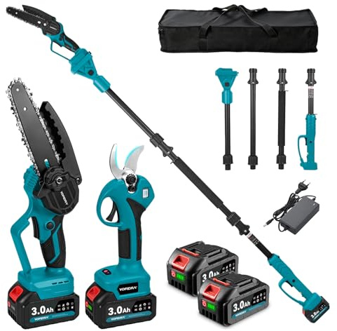 Yofidra 4-in-1 Mini Kettensäge 6 Zoll & 30 mm Elektrische Gartenschere | Akku Astschere mit Teleskopstiel, Akku Hochentaster mit 2x3.0Ah Akku, 180° Einstellbarer Winkel, 2,4 m Abnehmbare Stange