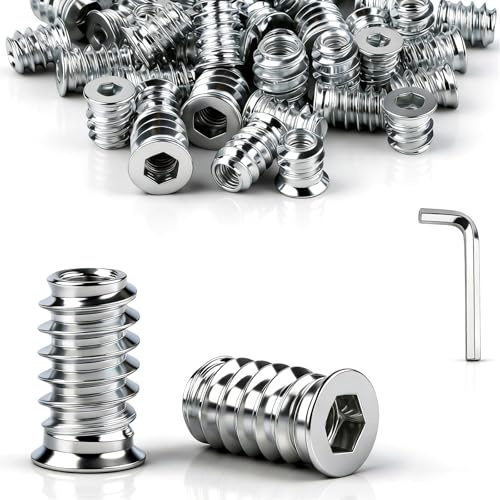 jwtyu 45 Pièces Insert Fileté Bois M5 x 12mm écrous à visser insert bois M5 | Silver, Manchons à visser M5, Galvanisés, Avec clé à six pans creux, Pour panneaux de fibres, contreplaqué et meubles en bois