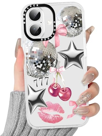 Tivkofk Cute Case for iPhone 16 6.1'', Clear Cherry Bow Lips Star Glitter Aesthetic Design Soft Silicone Slim TPU Protective Phone Case Cover for Girls Women