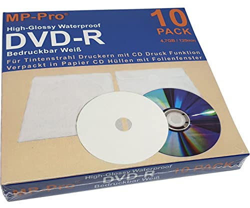 Waterproof High-Glossy DVD-R Rohlinge 4,7 GB Inkjet Printable Nanokeramik Hochglanz Weiß Wasserfest Bedruckbar - 10 Stück in Papier CD Hüllen