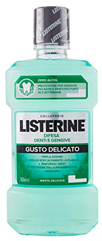 LISTERINE, Collutorio, Difesa Denti e Gengive, Gusto Delicato, Zero Alcol, Tripla Azione, Denti più Forti, Gengive più Sane, Menta Delicata, 500ml