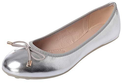 ANUFER Women's Lovely Bowknot Soft Slip-on Ballet Flats Pumps Dolly Shoes Round Toe Silver SN02752 UK6=EU39.5=CN41