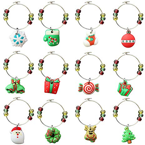 CNYMANY 12 Stück Weinglas Charms, PVC Weihnachten unter dem Motto Becher Drink Marker Tags mit Schnalle Design für Weihnachten Wein Cocktail Champagner Tasting Party Favors Supplies Geschenke