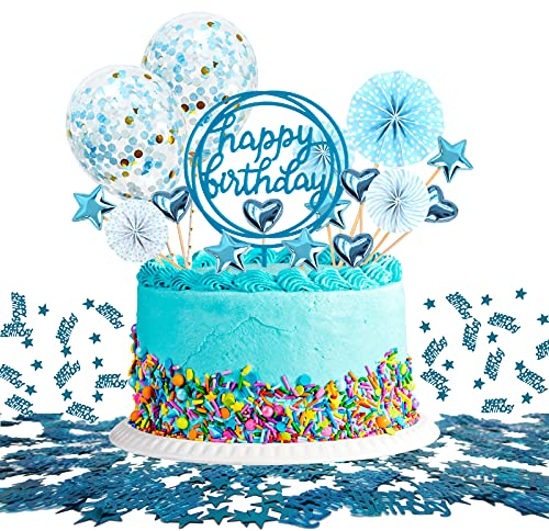 JSTC Tortendeko Blau, Happy Birthday Tortendeko Geburtstag Kuchen Deko Cake Topper Kuchendeko Torte Dekoration für Geburtstagsdeko Junge Kindergeburtstag Mann Frau Geburtstagstorte