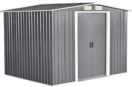Garden Sheds Tool Storage House Metal Garden Apex Roof Storage Shed Door On 8FT Side (Grey, 8x6)