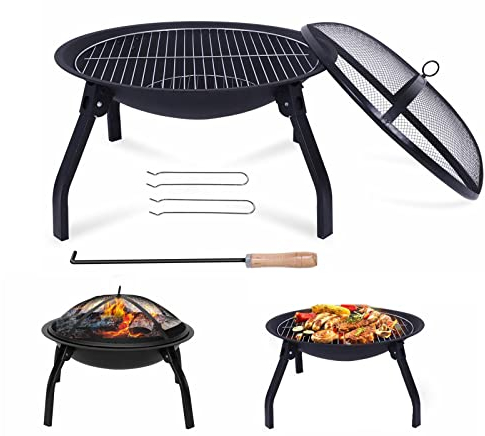Feuerschale mit Funkenschutz und Holzgrill, Klappbare Durchmesser: 55 cm, tragbare Feuerstelle für Camping, Lagerfeuer, Grillen, Heizung