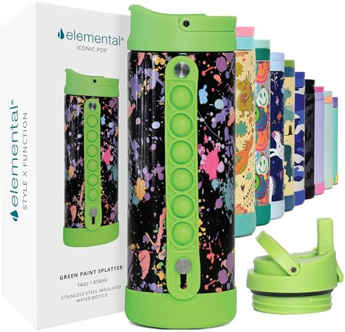 Elemental Iconic 414ml Triple-Wall Insulated Water Bottle with Straw – Sports-Lid & Pop Fidget Handle – Leakproof Stainless Steel Sports Water Bottle for Hot & Cold Drinks – Green Splatter