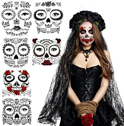 BOFUNX Diadema de Rosa y Velo Tocado Mexicano+6 Hojas Tatuajes Temporales Pinturas de Cara Accesorios para Mujer Disfraz de Día de los Muertos Carnaval Halloween Cosplay