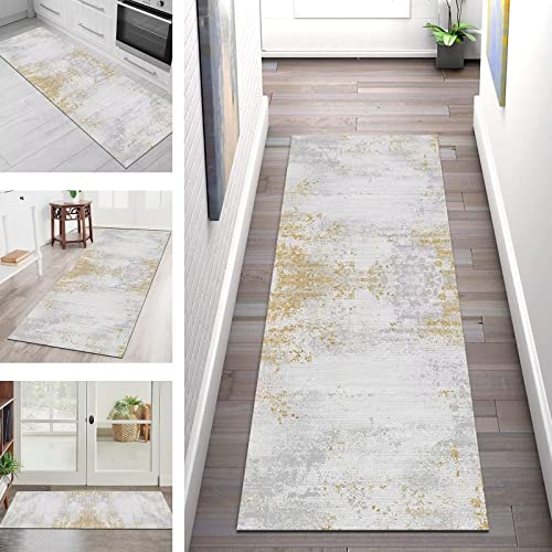 Teppich Läufer Flur Küche rutschfest Waschbar Teppichläufer Lang Matte 40X150CM Küchenläufer Küchenteppich Meterware, Grau Gold Abstrakt 3D Korridor Tepiche Schlafzimmer Esszimmer Breite 40-120cm