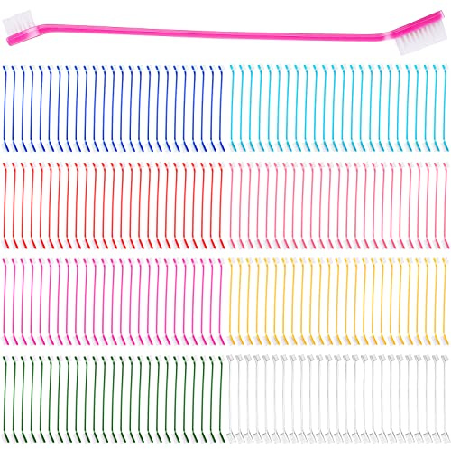 Nuogo 200 Pcs Dog Toothbrush,Dual Headed Long Handle, 8 Colors, Cats Dogs