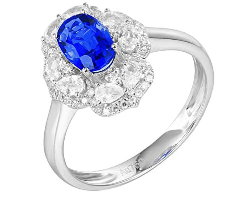 Bishilin Ringe 750 Weißgold für Frauen, Trauringe Blume mit 1.12ct Saphir und 0.6ct Weißer Saphir Verlobungsringe Hochzeit Ring mit Diamant Große 48 (15.3)