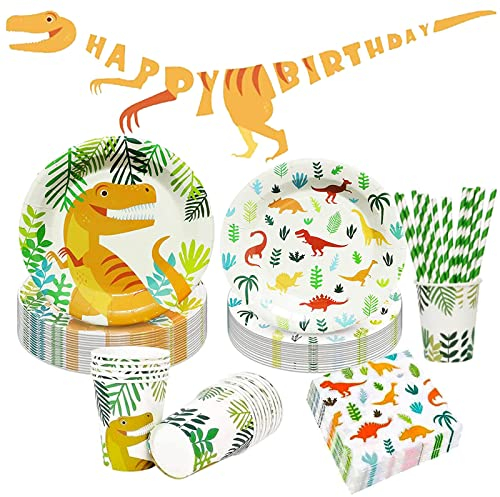 Bymivofun 126 piezas Vajilla de Cumpleaños de Dinosaurio, Suministros de Fiesta de Dinosaurio de Papel para 25 Invitados, para la Decoración de la Fiesta de Cumpleaños del Tema de Los Niños
