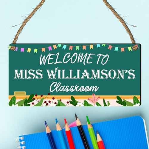 Personalised Rectangle Classroom Sign - Teacher Gift | Welcome Sign for Classroom | Custom Teacher Plaque with Twine for Hanging | (Mdf Wood Indoor Use Only)
