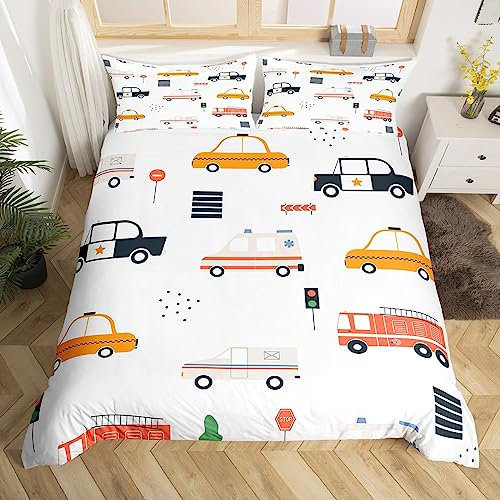Loussiesd Cartoon Ambulance Bettbezug Set Polizeiwagen Betten Set Feuer LKW Auto Bettwäsche Set 155x220cm für Kinder Kleinkind Fahrzeuge Bettdeckenbezug Langlebig Bettwäsche Reißverschluss