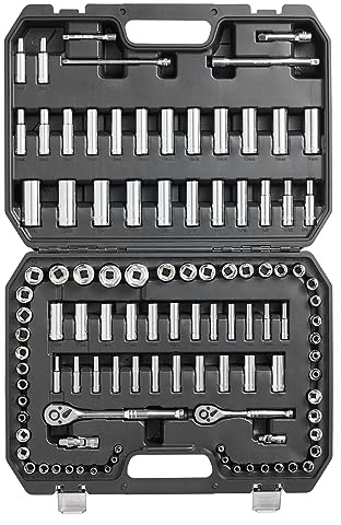 VEVOR Socket Set, 1/4 and 3/8 Drive Socket and Ratchet Set, 6-Point Socket Opening, 106 Pcs Tool Set SAE and Metric, Deep and Standard Sockets, 5/32-1 in, 5-19 mm, with Accessories, Storage Case