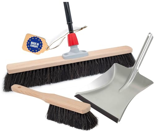 Novaliv Juego de escoba de pelo natural de 50 cm, recogedor con labio de goma y mango telescópico, crin negra, con mango extensible, suave, fina, escoba grande