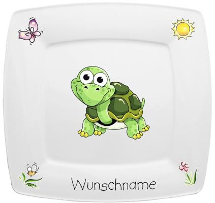 Doriantrade Frühstücksteller eckig Kinderteller Teller Porzellan Schildkröte personalisierbar mit Wunschname Name Kindergeschirr mit Namen personalisiert