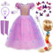 Tacobear Rapunzel Kostüm Kinder Prinzessin Kleid Mädchen Perücke Krone Feenstab Halskette Ohrclips Ring Schmetterlingsnadel Verkleidung Geburtstag Halloween Karneval Cosplay Kleid 110(5-6Jahre)