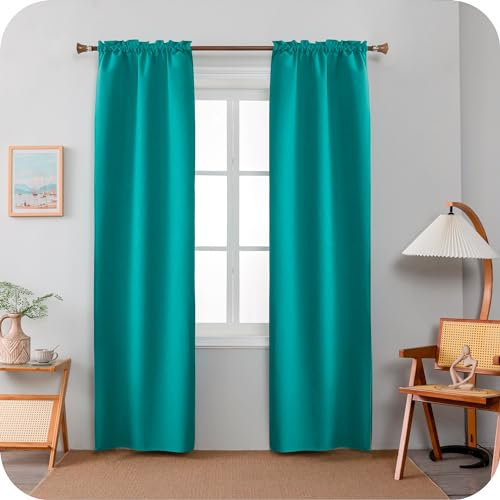 GIRASOLE HOME Paire de rideaux barbade thermiques totalement occultants 2 panneaux de 55 x 220 cm avec poche, vert d'eau