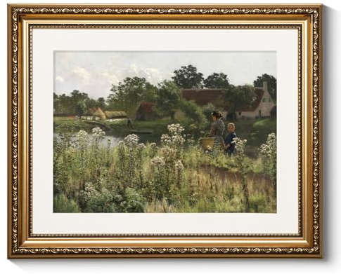 ARPEOTCY Wandkunst, Vintage-Stil, gerahmt, 33 x 40,6 cm, Retro-Landschaft, Fluss, Blumenbild, Leinwanddruck, Kunstwerk mit antikem Rahmen, viktorianisches Wandbild, Dekoration für Galerie, Wohnzimmer