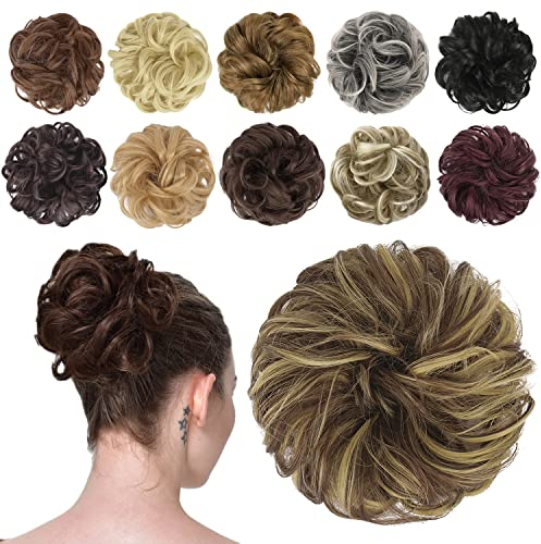 FESHFEN Haarteil Mit Gummiband, Dutt Haarteil Haargummi Mit Haaren Gelockt Haardutt Synthetisch Haar Haarverlängerung Pferdeschwanz Haarteile für Damen Mädchen, Blond & Mittelbraun 42g