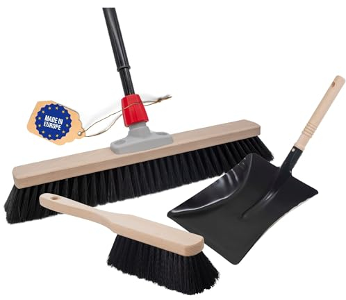 Novaliv Grand balai de 100 cm avec manche télescopique, poils synthétiques, noir, composé d'une pelle et d'une balayette à main, balai d'atelier, de salle avec manche, balai industriel