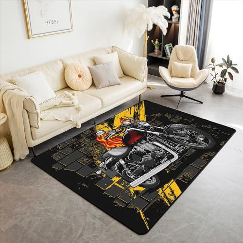 richhome Motorrad Bereich Teppich 100x150,Schwarz Racing Motorrad Rutsch Teppich für Kinder, Extreme Sport Thema Teppich für Wohnzimmer Schlafzimmer Spielzimmer Hinterhof