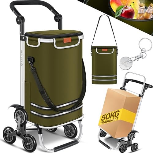 KESSER® Einkaufstrolley Treppensteiger mit Kühlfach klappbar mit 56L Kapazität und belastbar bis 50kg | 3in1 Trolley Sackkarre & Umhängetasche | Faltbarer Einkaufswagen inkl. Einkaufschip, Khaki