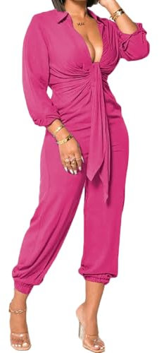 Xinlees Damen Elegant Jumpsuit Casual Langarm Solide Gerade Hose Business Romper Stretchy Knöchelbündchen, B Rose, Medium