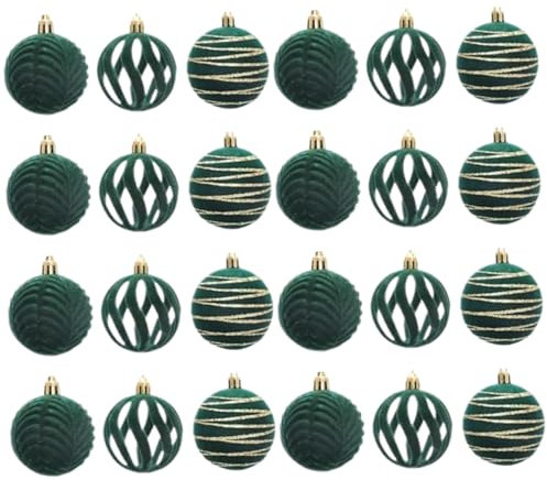 24 Stück Weihnachtskugeln aus Samt 3 Stile 6 cm grüne Weihnachtskugel-Ornamente hängende Weihnachtskugeln aus Samt Ornamente für Weihnachtsbaum Kranz Girlande