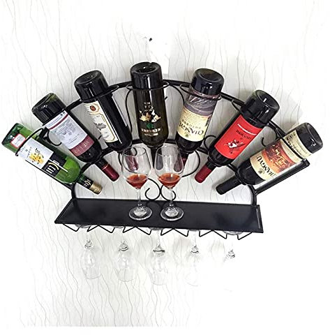 MRKU Portabottiglie sospeso con portabicchieri e ripiano, portabottiglie sospeso a Parete, portabottiglie sospeso a Parete, portabicchieri da Vino, Nero e Marrone