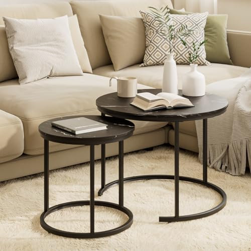 HEYZOEY Round Coffee Tables, Removable Set of 2 End Table, Nesting Tables with Metal Frame Legs and Black Top for Living Room, Bedroom, Office, Balcony, Apartment(Marble Black)