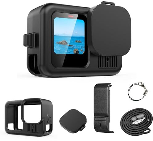 Schwarze Silikon Schutzhülle für Kamera, Silikon Schutzhülle Set für Kamera, Hülle Silicone Protective Case & Glas Schutzfolie & Objektivdeckel & Trageband für Kamera Zubehör Set