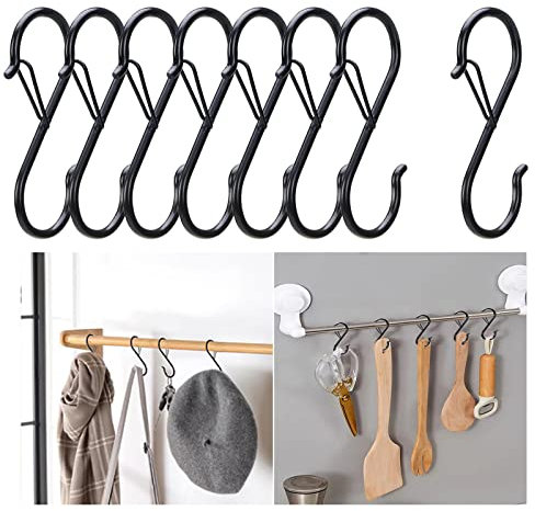 bonitacrylic 18 Pack S Shaped Hooks Metal for Hanging Heavy Duty Large Black 9 cm Long with Safety Buckle for Pan Utensil Closet Rod Outdoor Lights Kitchenware Bathroom Garden Office Plant