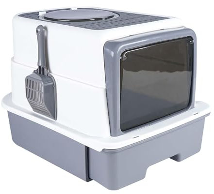 Hengsong Katzenklo mit Deckel,Katzentoilette Groß 50x35x35cm,mit Deo-Beutel,Streuschaufel,mit Sieb Oberster Teil,Grau