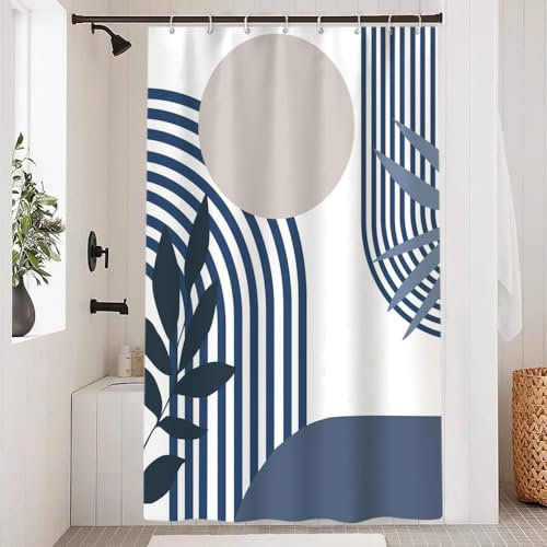 Uiiooazy Rideau Douche Bleu Gris, Rideau de Douche Abstrait Géométrique Lignes Noir Rayé Rideaux de Baignoire Anti Moisissure Imperméable Tissu Polyester Rideaux de Bain avec 8 Crochets 120x200cm