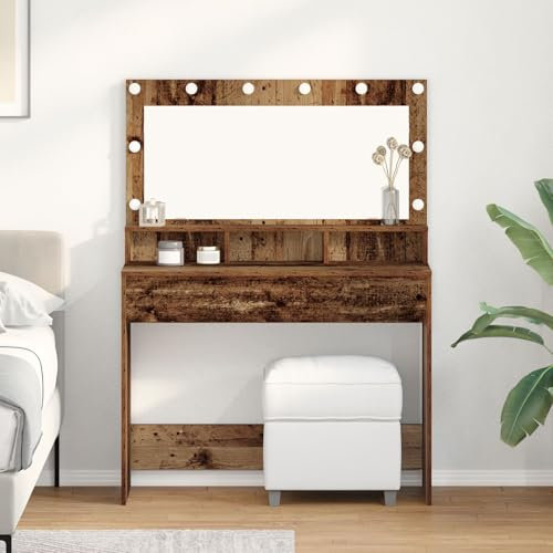 Brokky 865107 Tavolo da Toeletta con Luci LED - Legno Vintage - 100x41x135 cm Toeletta Trucco,Scrivania Trucco per Camera da Letto,Toilette Trucco