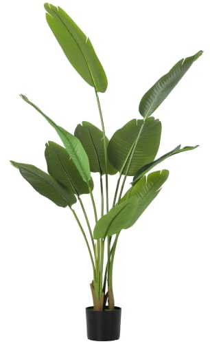 HOMCOM 160cm Tall Artificial Bird of Paradise Plant Faux Banana Leaf Green | PEVA Leaves, Flocking, Decorative Palm Tree in Pot, Home Office Decor