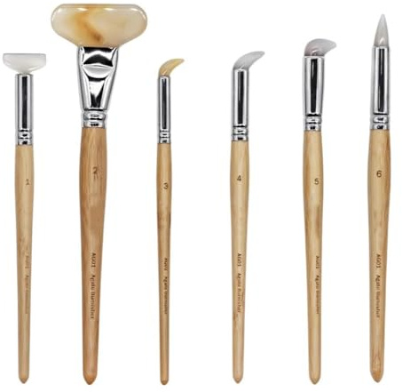 OSPSHPG 6 Pcs Agate Polishing Pen, Pro Jewellery Burnisher Knife, with Bamboo Handle, Flat, Angled, Round Grinding Heads, for Precious Metal Carving and Retouching