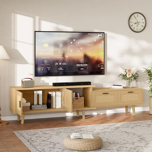 Mobile TV allungabile in rattan, mobile TV basso con 2 ante e 2 cassetti, supporto TV con vano portaoggetti aperto, mobili di immagazzinaggio tavolo TV moderno per soggiorno (rovere 2, 169 x 30 x 44)