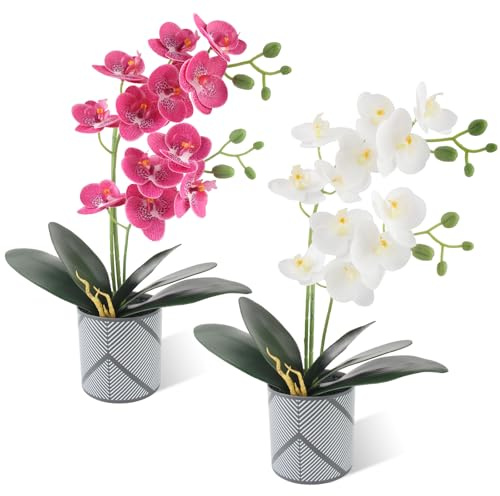 Xbessc Orchideen Künstlich 2 Stück Künstliche Orchideenblumen im Topf 50cm | Kunstblumen Wie Echt Künstliche Blumen mit Blätter und Plastikvase für Tischdekoration Wohnkultur(Weiß + Violett)