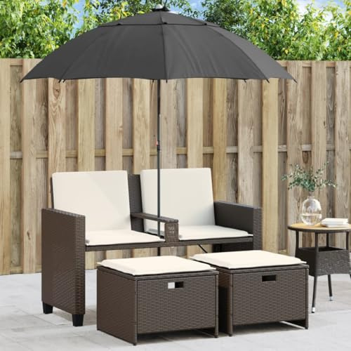 YNGBHFNOP Gartensofa 2-Sitzer Sonnenschirm und Hocker Braun Poly Rattan Gartenmöbel Set Outdoor Lounge Sitzgruppe mit Kissen und verstellbarem Schirm für Terrasse Balkon Garten