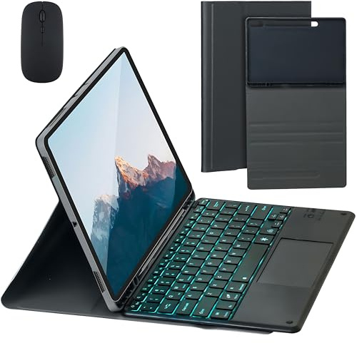 KYVELO Custodia con Tastiera Touchpad e Mouse per Samsung Galaxy Tab S10+/S9+/S9 FE+/S8+/S7 FE/S7 Plus 12.4, Tastiera Bluetooth Rimovibile Retroilluminata 7 Colori, Cover TPU con Porta S Pen (Nero)