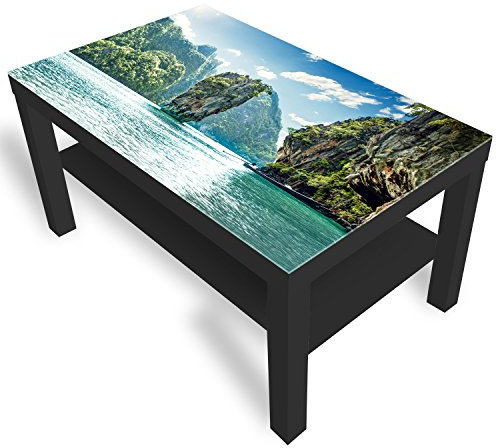 DekoGlas Beistelltisch Couchtisch 'Thailand Island' Sofatisch mit Motiv Glasplatte Kaffee-Tisch, 90x55x45 cm Schwarz