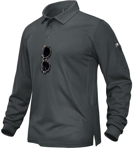 TACVASEN Herren Poloshirts Langarm T-Shirts Bequem Polohemd Leicht Shirts Tennis Golf Normale Passform, Dunkelgrau, 3XL