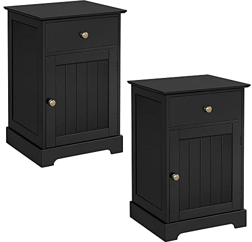 Yaheetech Bedside Table Set of 2PCs with Slatted Door, Wooden Nightstand Black Bedside Cabinets End Tables with Drawer & Cupboard for Bedroom Living Room, 40x35x60cm