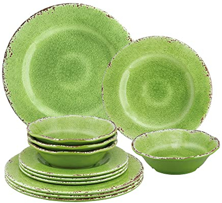 UP ware 12-teiliges Crackle Melamin-Geschirr-Set, Outdoor-Geschirr-Set, Teller und Schüsseln, Service für 4 Personen, Grün