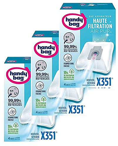 Handy Bag - LOT DE 3 - Sacs aspirateur X351 x4sacs - Compatibles Hoover, Severin - 99,99% des poussières retenues - Fermeture facile - Filtre anti-allergène - 55% de matériaux recyclés