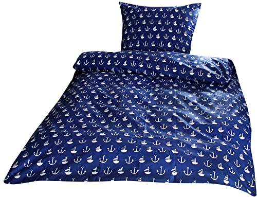 Heubergshop 2-teilige Renforce Bettwäsche 135x200cm und 80x80cm - Anker mit Schiffen in Dunkelblau und Weiß - 100% Baumwolle, Bettgarnitur (KY-520/1-Renforce)